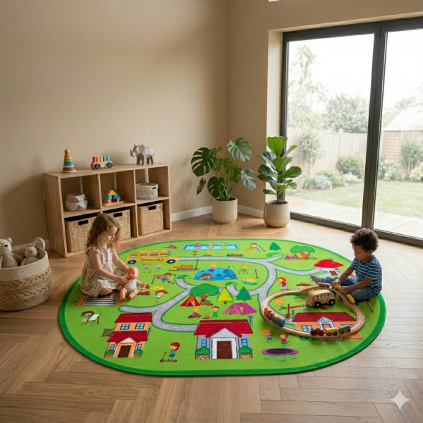 Şehir Desenli Çocuk Halısı Oval